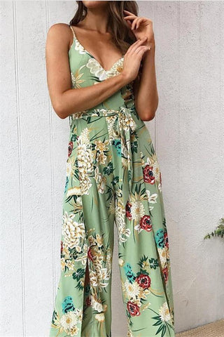 V Neck Floral Slit Jumpsuit - Green