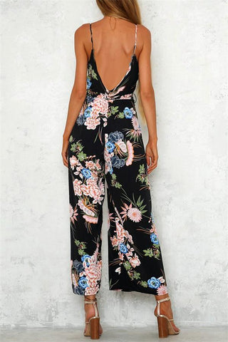 V Neck Floral Slit Jumpsuit - Green