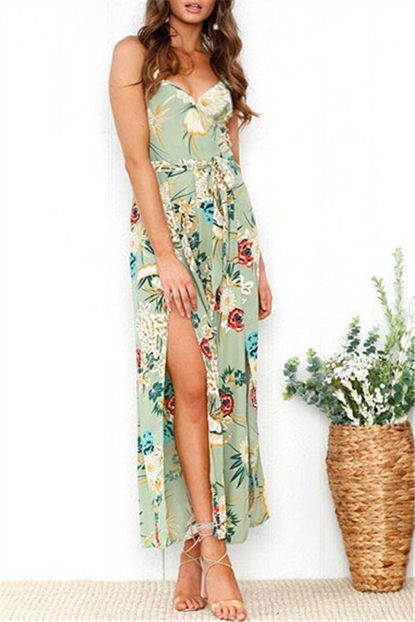 V Neck Floral Slit Jumpsuit - Green