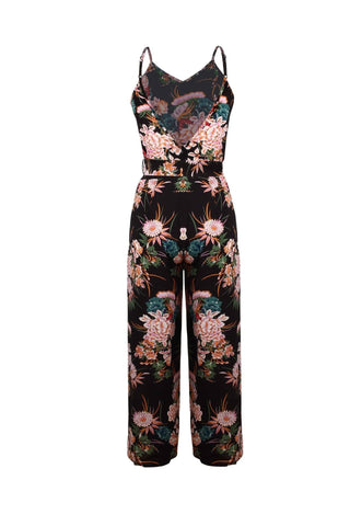 V Neck Floral Slit Jumpsuit - Green