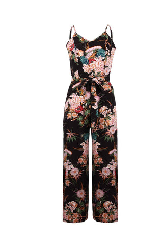 V Neck Floral Slit Jumpsuit - Green