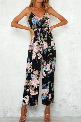 V Neck Floral Slit Jumpsuit - Green