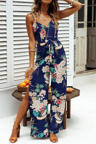 V Neck Floral Slit Jumpsuit - Green