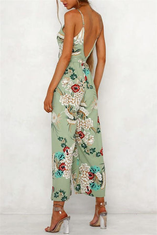 V Neck Floral Slit Jumpsuit - Green