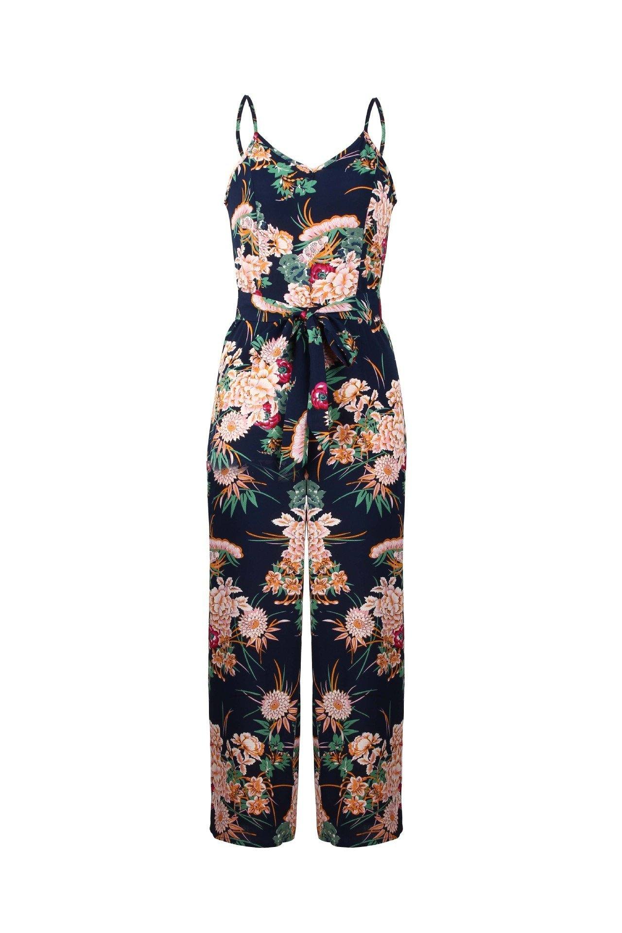 V Neck Floral Slit Jumpsuit - Green