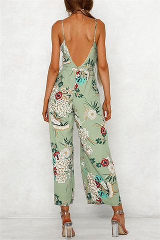 V Neck Floral Slit Jumpsuit