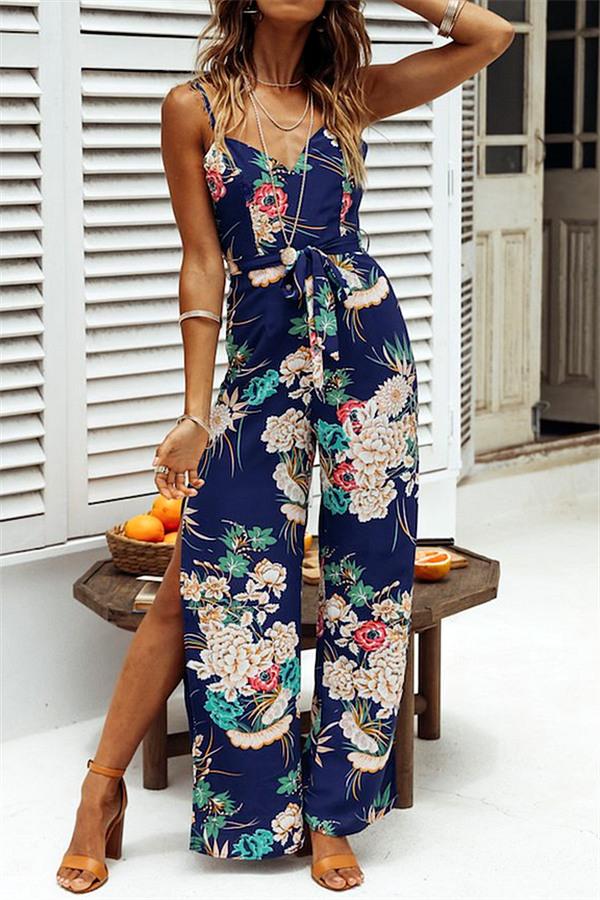 V Neck Floral Slit Jumpsuit