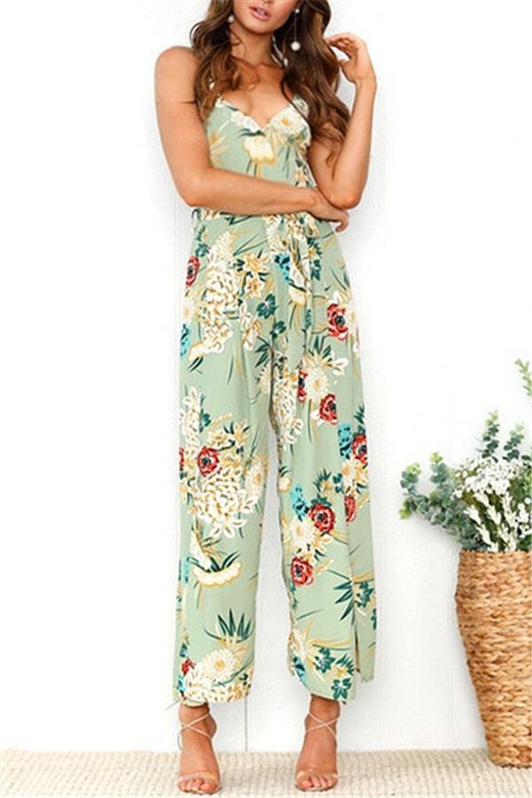 V Neck Floral Slit Jumpsuit