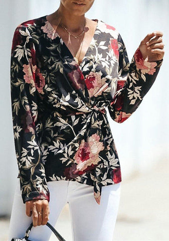 V Neck Floral Wrap Shirt