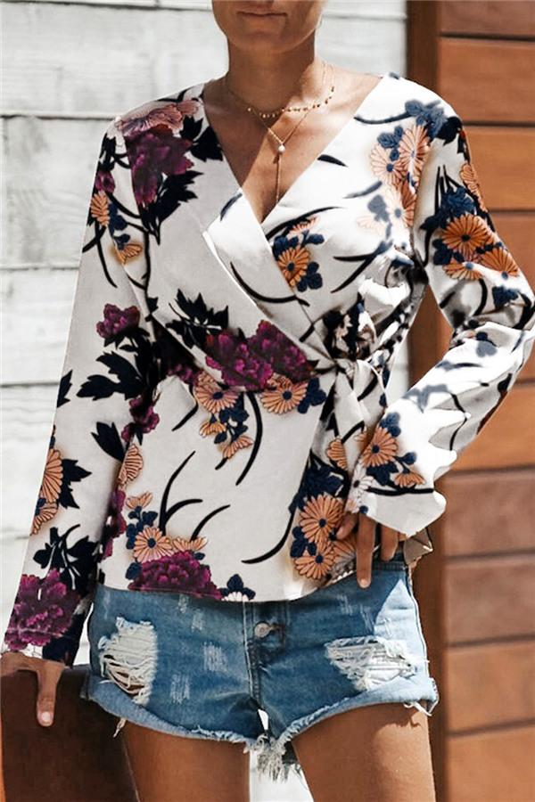 V Neck Floral Wrap Shirt