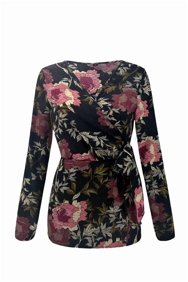 V Neck Floral Wrap Shirt