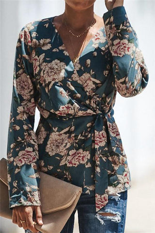 V Neck Floral Wrap Shirt