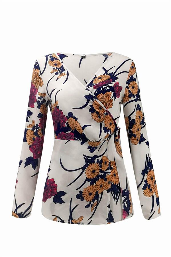 V Neck Floral Wrap Shirt