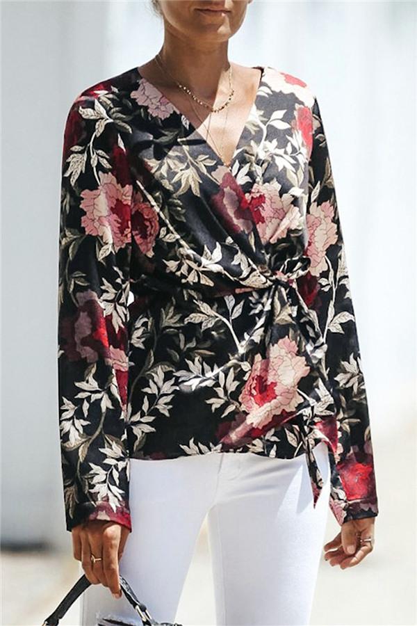 V Neck Floral Wrap Shirt