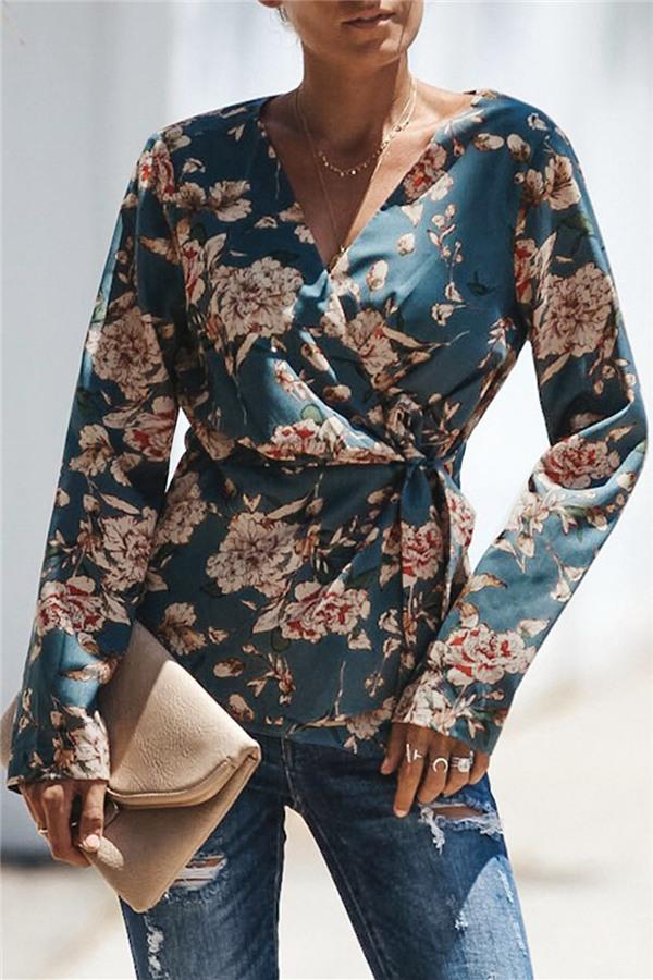 V Neck Floral Wrap Shirt