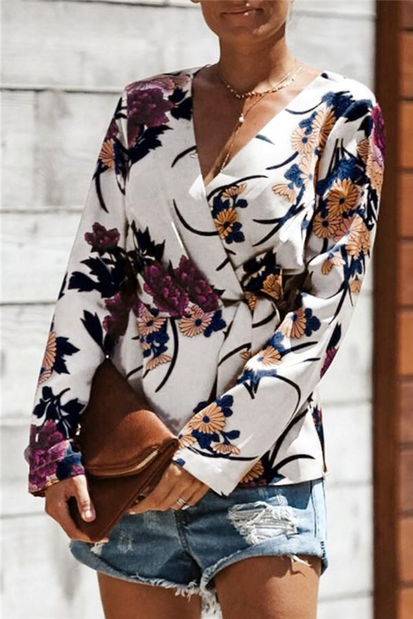 V Neck Floral Wrap Shirt