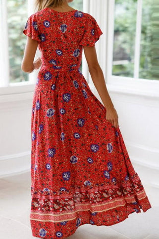 V-neck High Waist Print Mid-length Dress