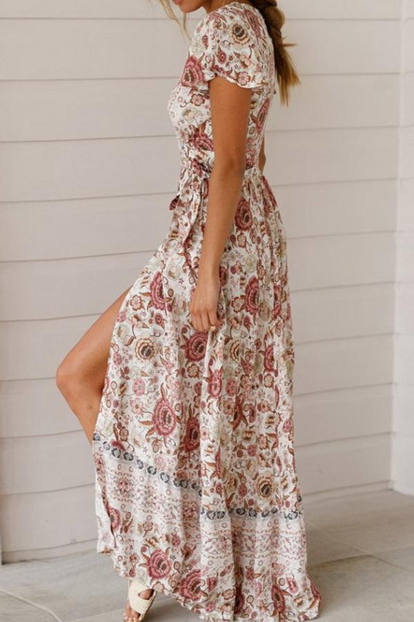 V-neck High Waist Print Mid-length Dress