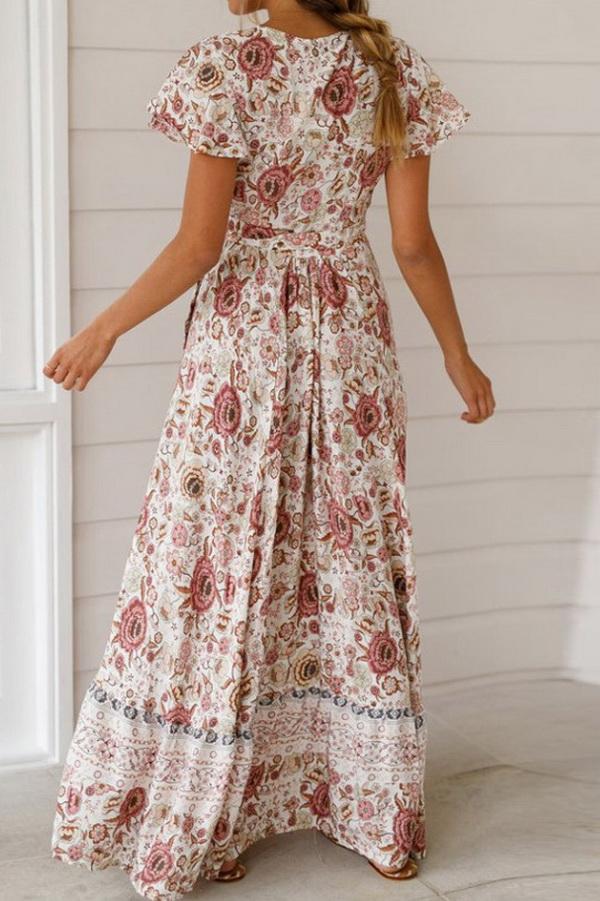 V-neck High Waist Print Mid-length Dress