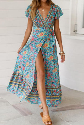 V-neck High Waist Print Mid-length Dress