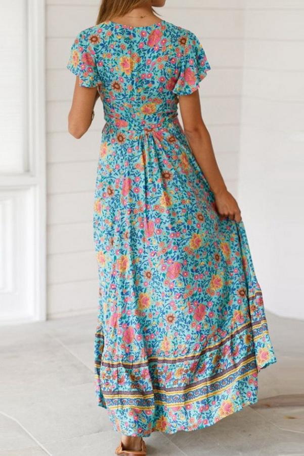 V-neck High Waist Print Mid-length Dress