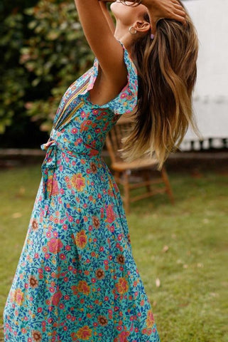 V-neck High Waist Print Mid-length Dress