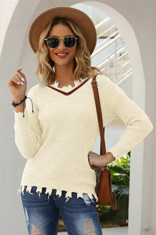 V-neck Hole Solid Loose Knit Pullover
