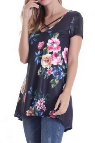 V-neck Loose Print Short-sleeved Top