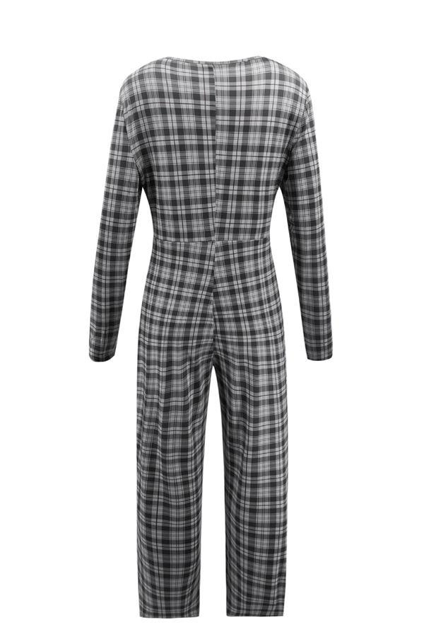 V Neck Plaid Jumpsuit