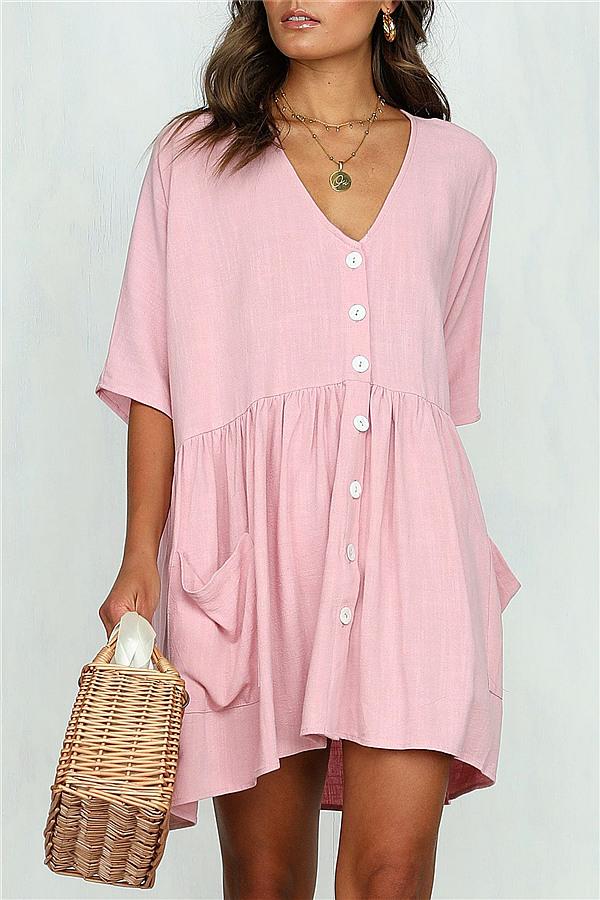 V Neck Pockets Loose Dress