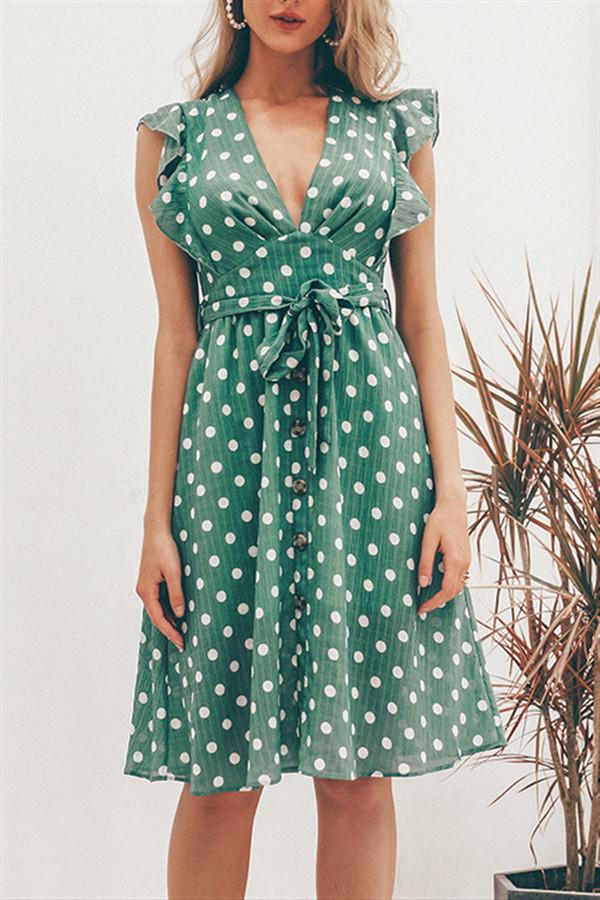 V Neck Polka Dot Green Ruffle Summer Dress