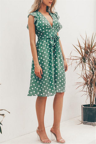 V Neck Polka Dot Green Ruffle Summer Dress