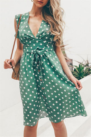 V Neck Polka Dot Green Ruffle Summer Dress