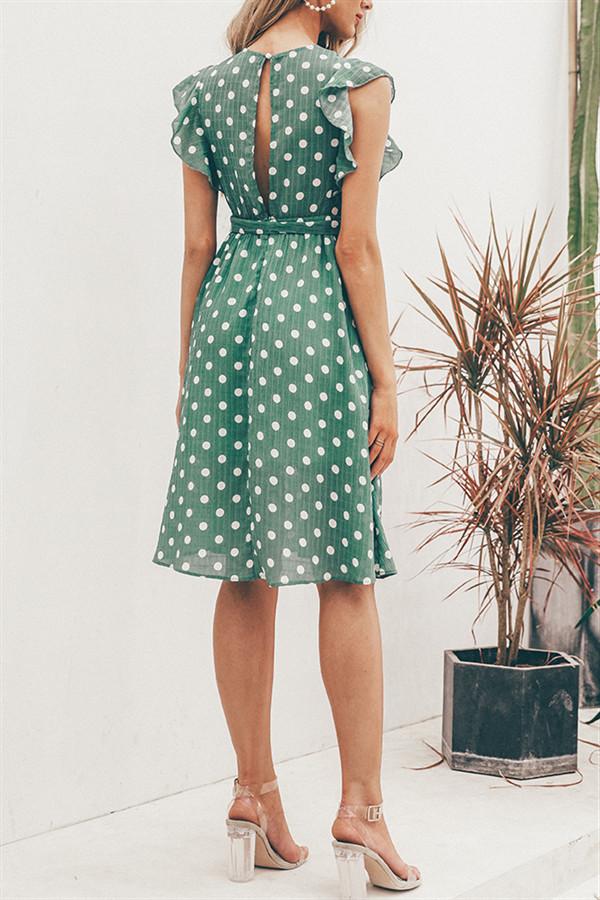 V Neck Polka Dot Green Ruffle Summer Dress