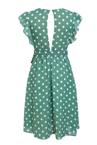 V Neck Polka Dot Green Ruffle Summer Dress