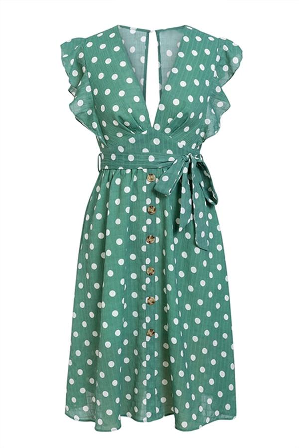 V Neck Polka Dot Green Ruffle Summer Dress