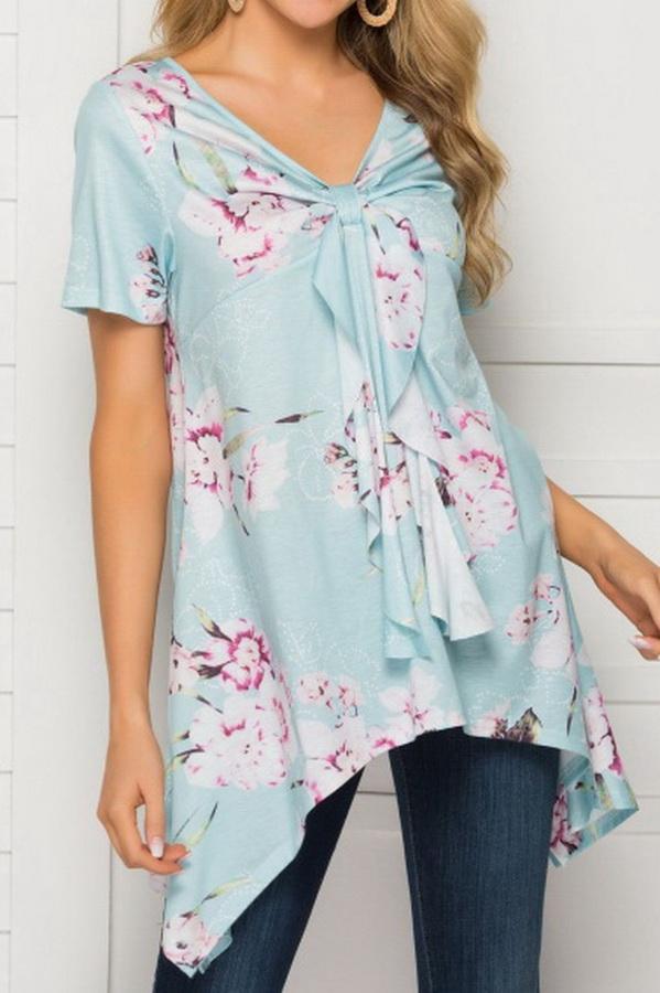 V-neck Print Irregular Mid-length Top