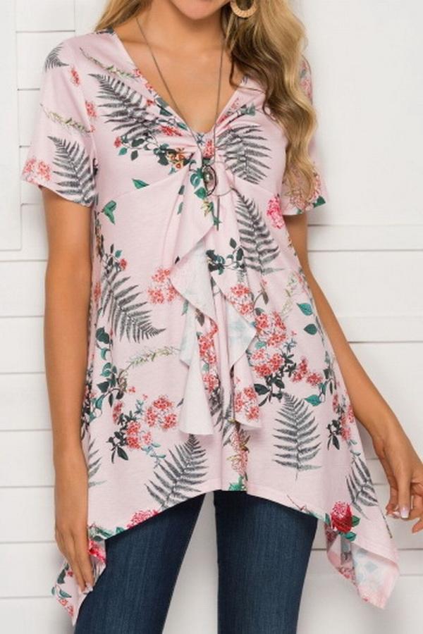 V-neck Print Irregular Mid-length Top