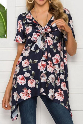 V-neck Print Irregular Mid-length Top