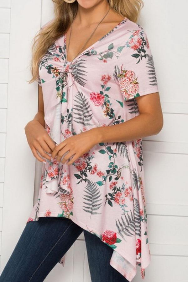 V-neck Print Irregular Mid-length Top