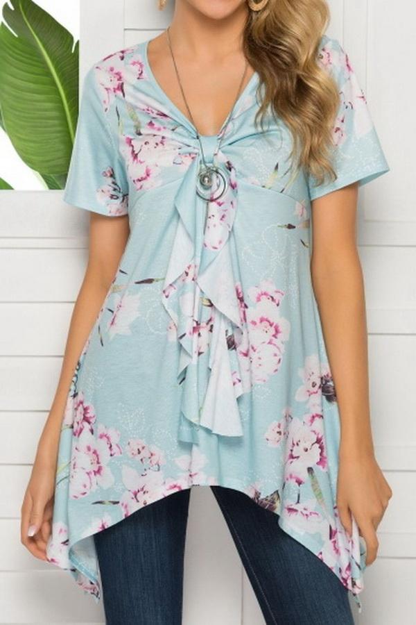 V-neck Print Irregular Mid-length Top