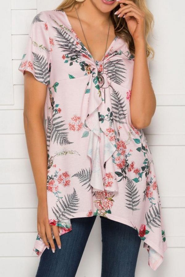 V-neck Print Irregular Mid-length Top