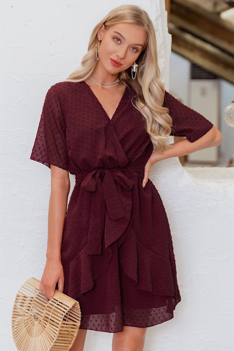 V-neck Ruffled Sash Belt Wrap Dress