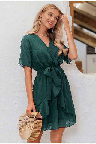 V-neck Ruffled Sash Belt Wrap Dress