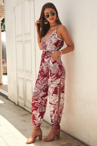 V Neck Sleeveless Belt Jumpsuit