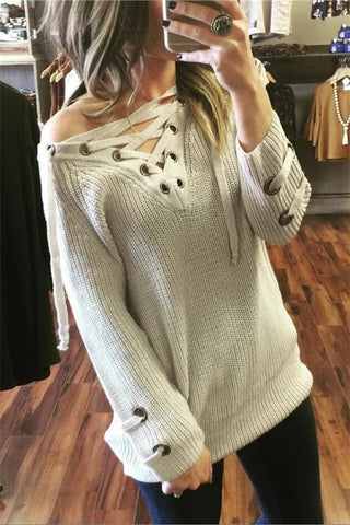 V Neck Striped Bandage Cross Ties Sweater