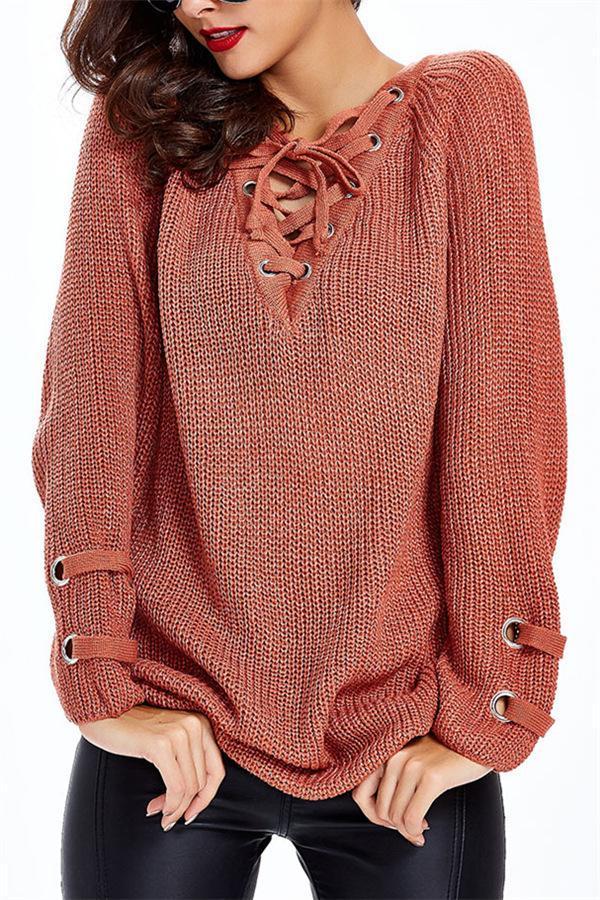 V Neck Striped Bandage Cross Ties Sweater