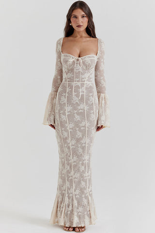Vintage Fliege Plissee Floral Spitze Fischschwanz Abend Maxikleid - Creme