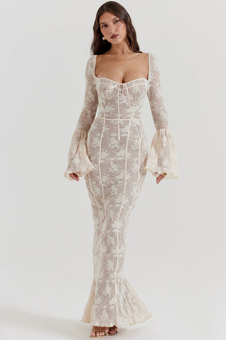 Vintage Fliege Plissee Floral Spitze Fischschwanz Abend Maxikleid - Creme