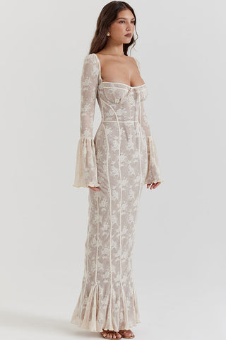 Vintage Fliege Plissee Floral Spitze Fischschwanz Abend Maxikleid - Creme